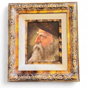 Vintage Oil Portrait Painting Bearded Man Signed J. Senf Rustic Carved Frame